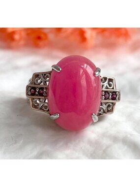 Pink Chalcedony Cabochon & Garnet Sterling Silver 925 Vintage Ring - sz 9